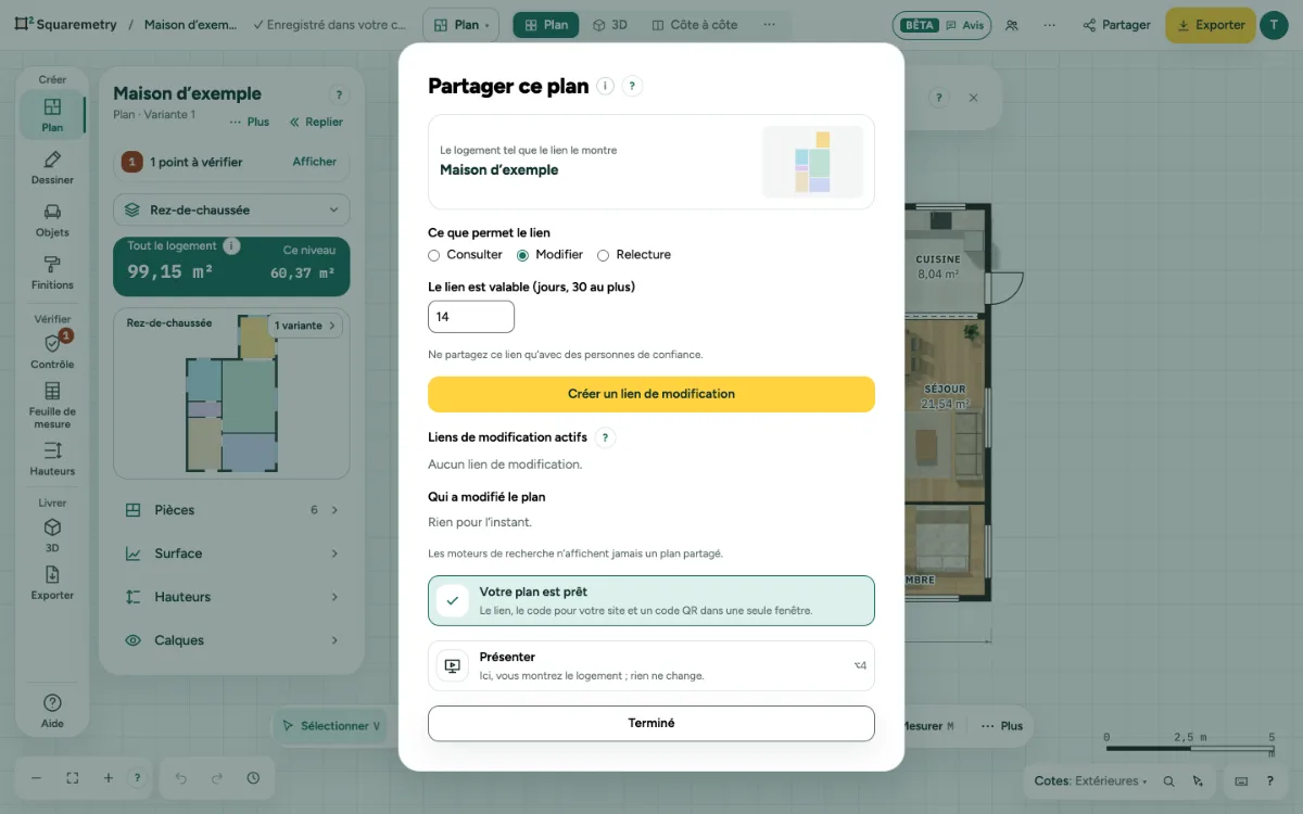 La fenêtre Partager avec Modifier choisi, pour créer un lien de modification.