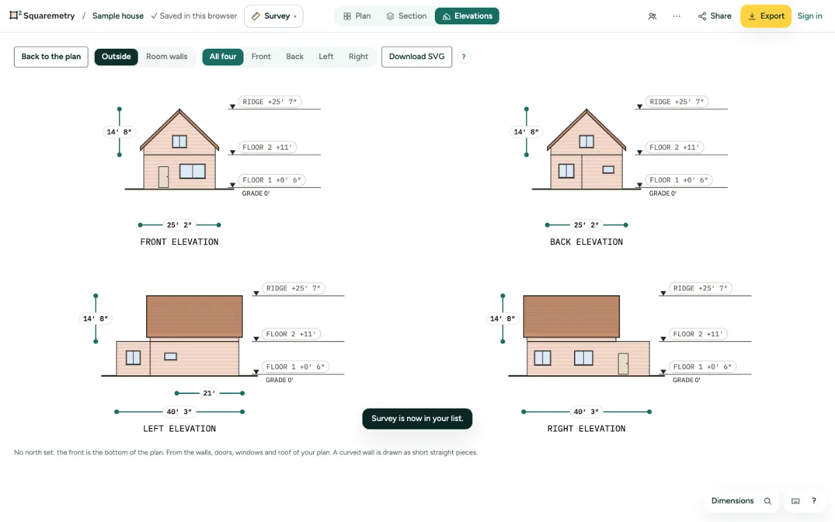 The four elevations of the sample house side by side, with levels, sizes and the roof.