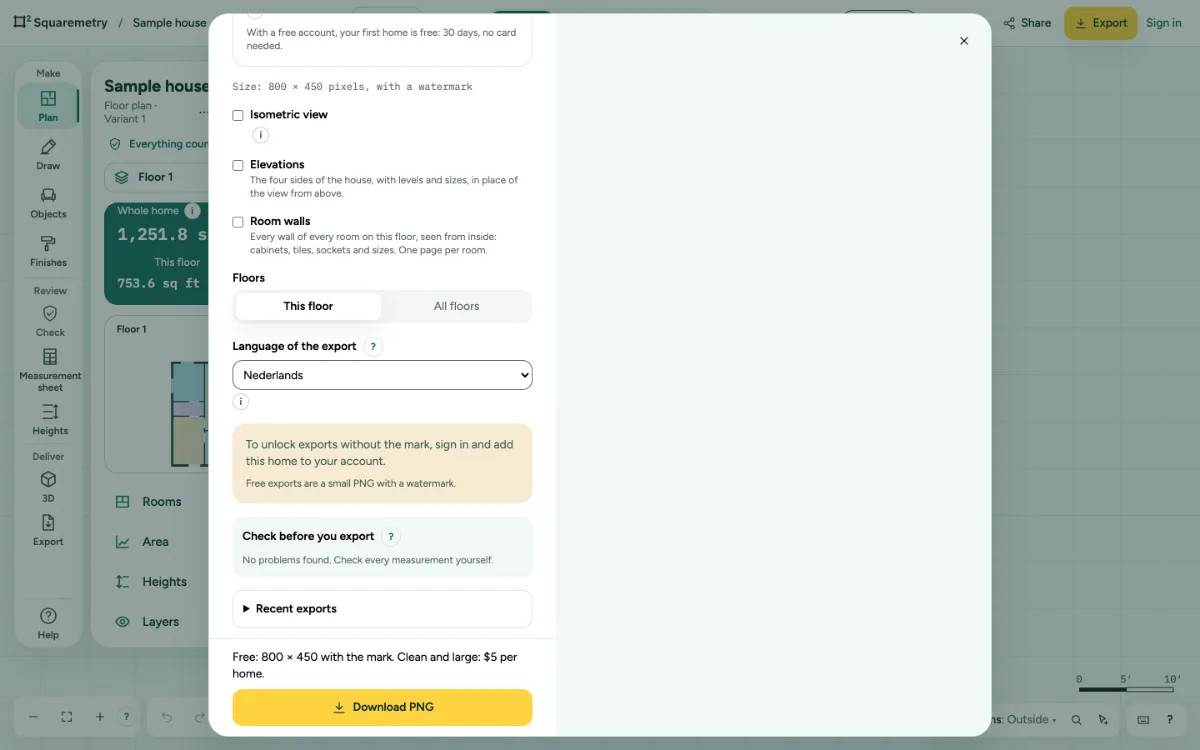 The Export window with Language of the export set to Nederlands.