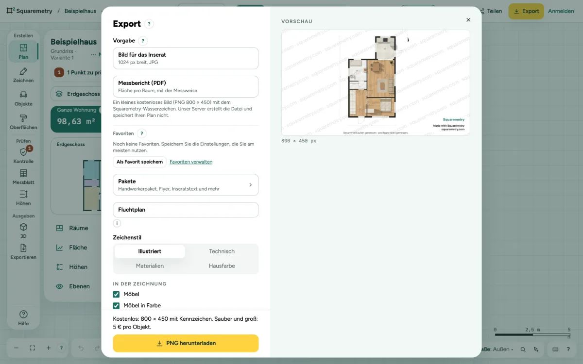 Das Fenster Export mit den Formaten, den Optionen und einer Vorschau der Seiten.