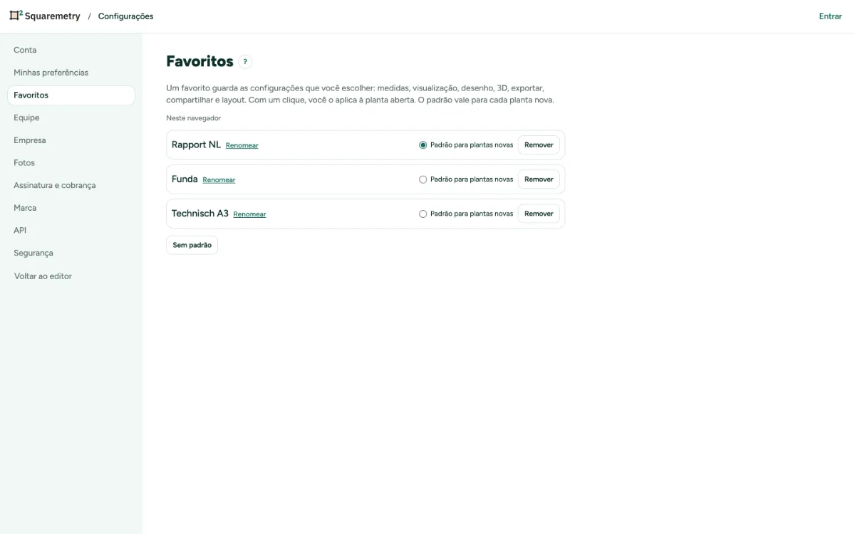 Configurações, Favoritos, com um padrão para plantas novas, renomear e remover.