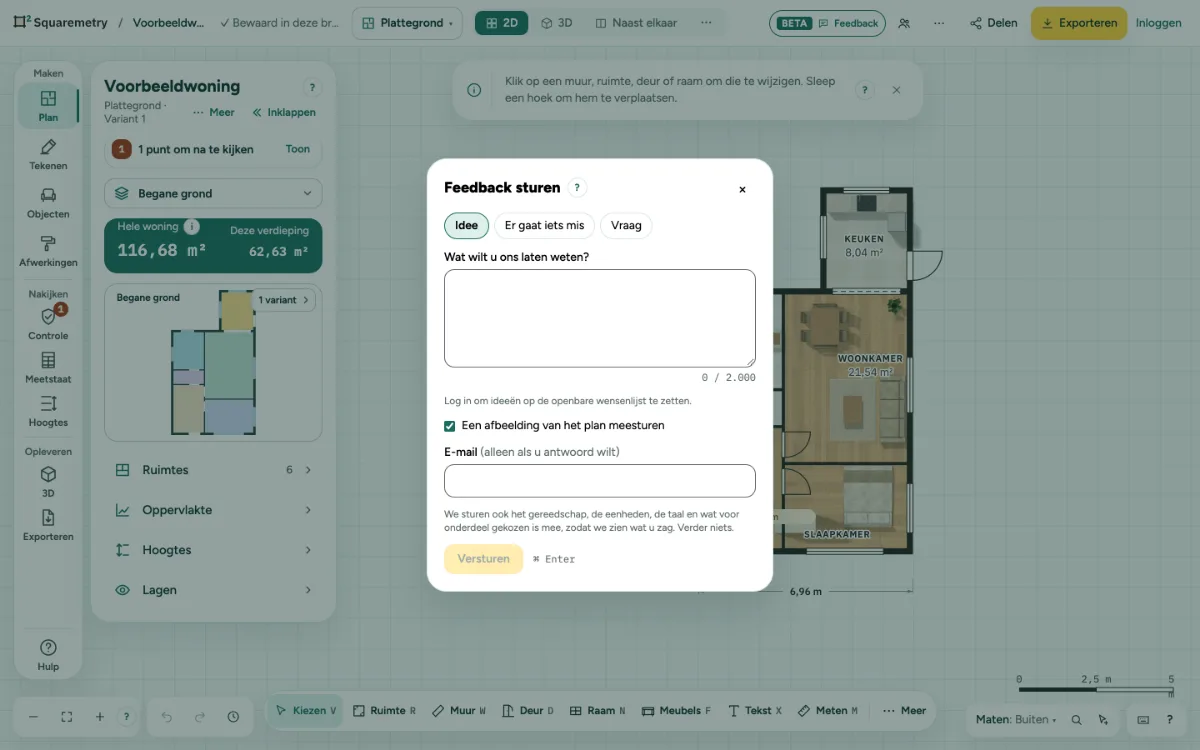 Het venster Feedback sturen met de keuze Idee, Er gaat iets mis of Vraag.