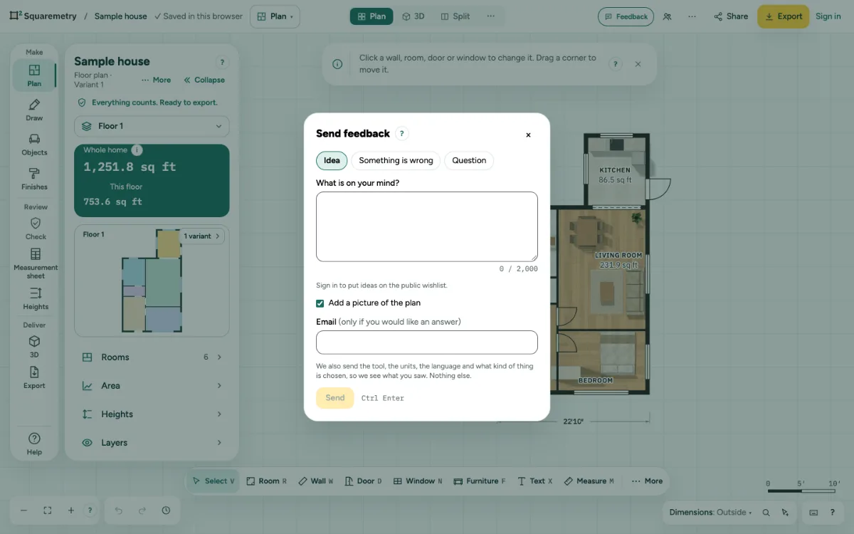 The Send feedback window with the choice Idea, Something is wrong or Question.