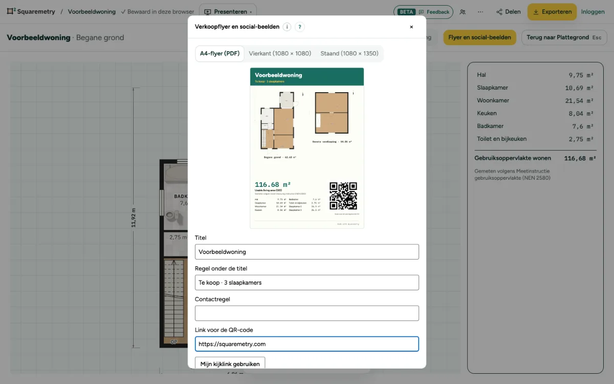 Het venster Verkoopflyer en social-beelden met het A4-voorbeeld: plattegronden, oppervlakte, ruimtes en QR-code.