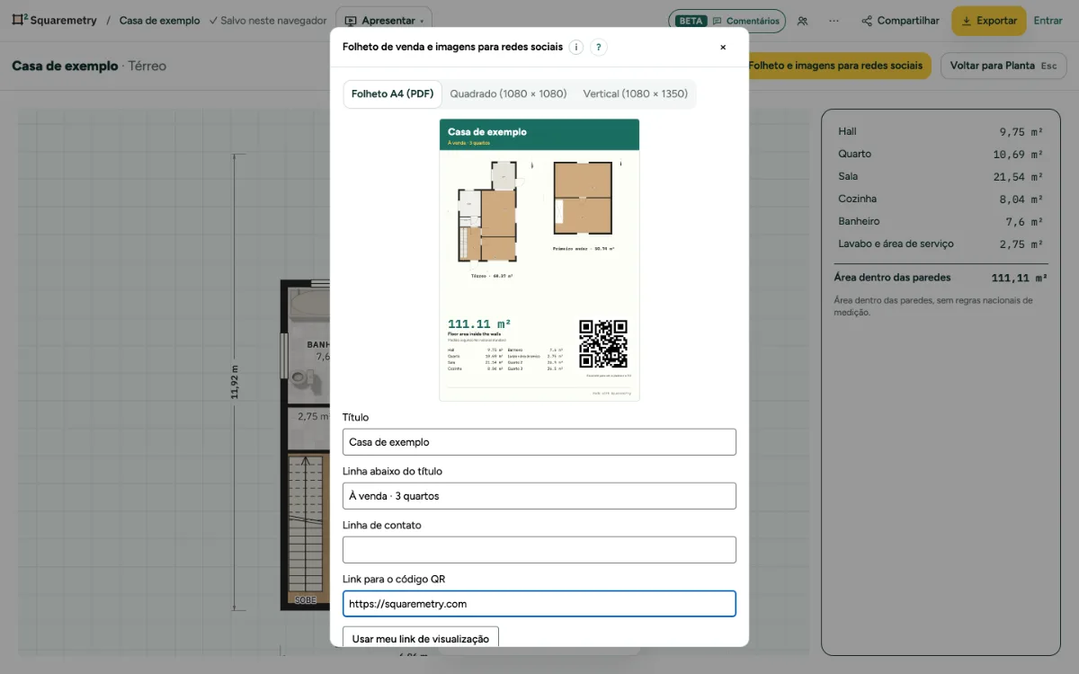 A janela Folheto de venda e imagens para redes sociais com a pré-visualização A4: plantas, área, cômodos e código QR.