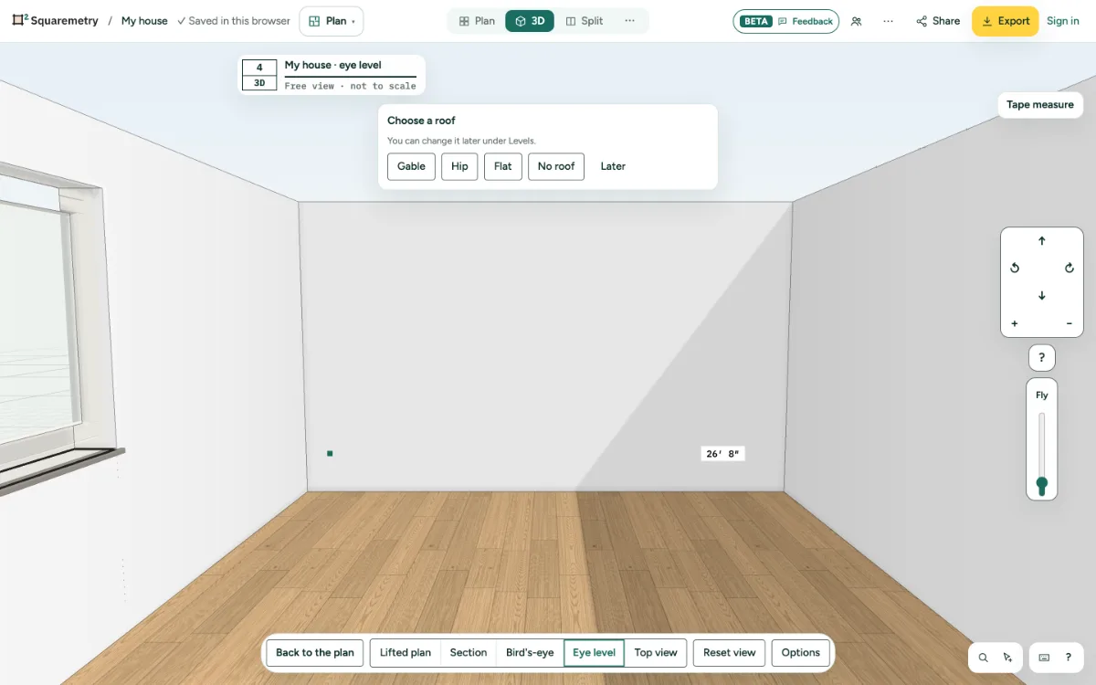 Right after the upload: standing at eye level in the detected house, with the choice of roof.