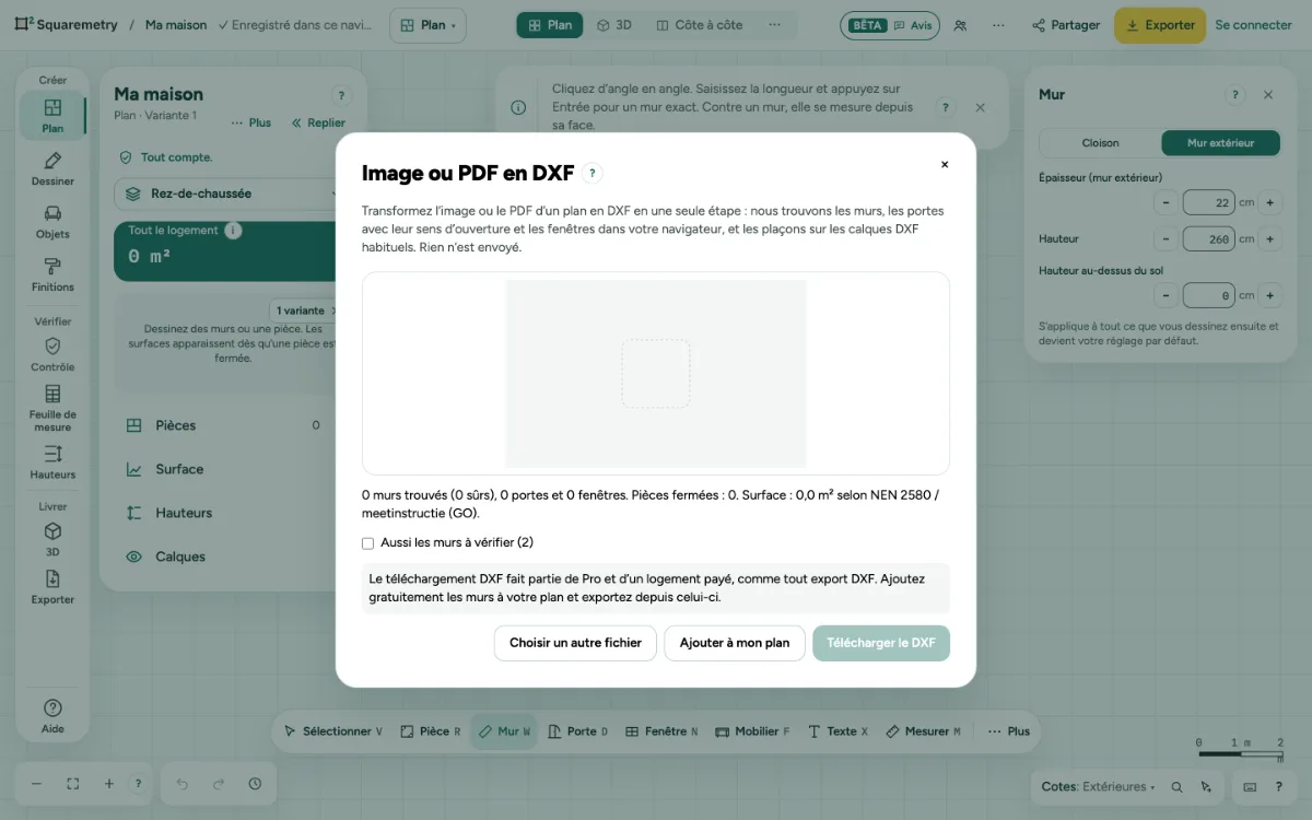 Image ou PDF en DXF : les murs, portes et fenêtres trouvés dans l’image d’un plan, avec Télécharger le DXF et Ajouter à mon plan.