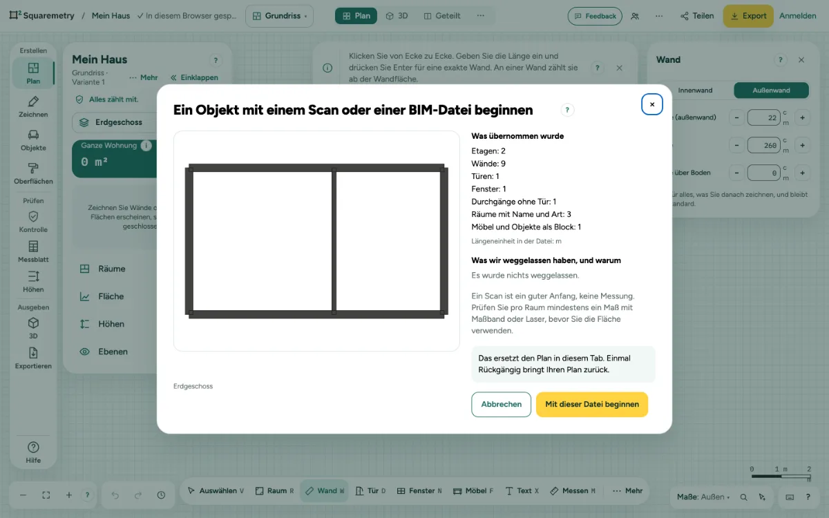 Das Fenster Ein Objekt mit einem Scan oder einer BIM-Datei beginnen, mit dem, was übernommen wurde, und dem, was wir weggelassen haben.