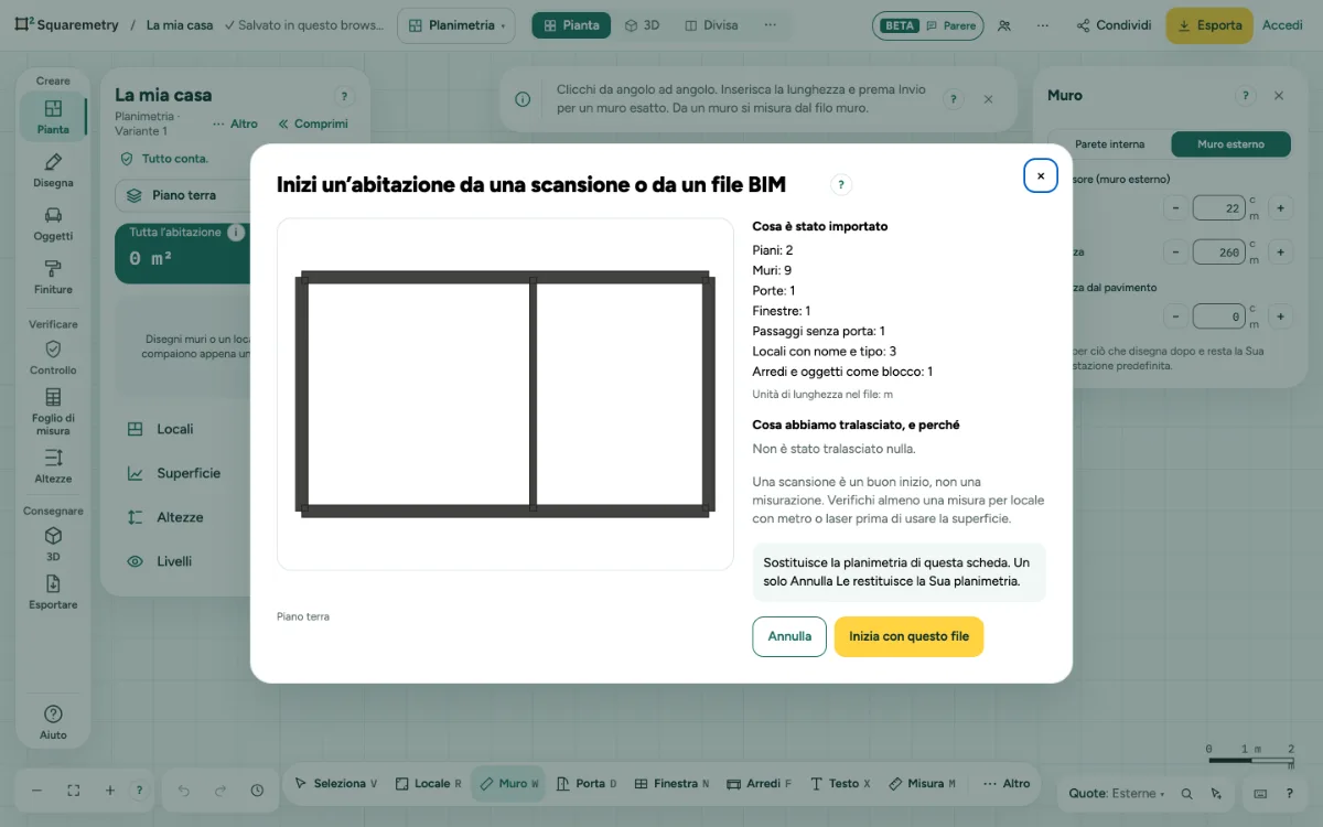 La finestra Inizi un’abitazione da una scansione o da un file BIM, con ciò che è entrato e ciò che abbiamo tralasciato.