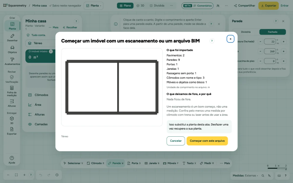 A janela Começar um imóvel com um escaneamento ou um arquivo BIM, com o que foi importado e o que deixamos de fora.