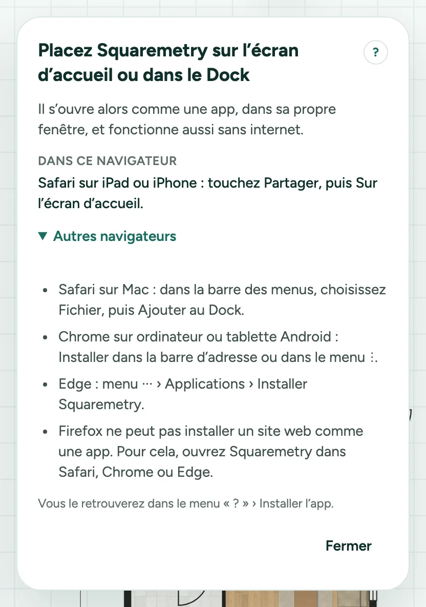 La carte Placez Squaremetry sur l’écran d’accueil ou dans le Dock sur un iPad, avec l’étape pour Safari et Autres navigateurs.