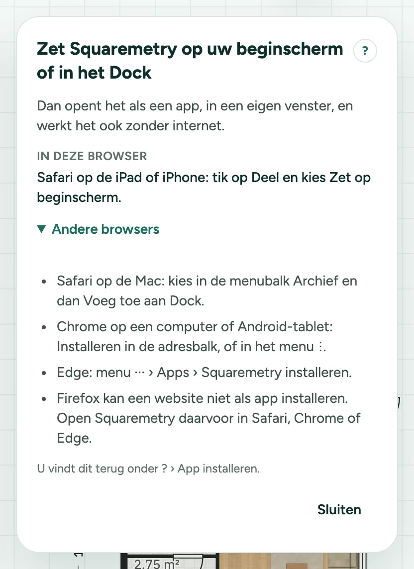 De kaart Zet Squaremetry op uw beginscherm of in het Dock op een iPad, met de stap voor Safari en Andere browsers.