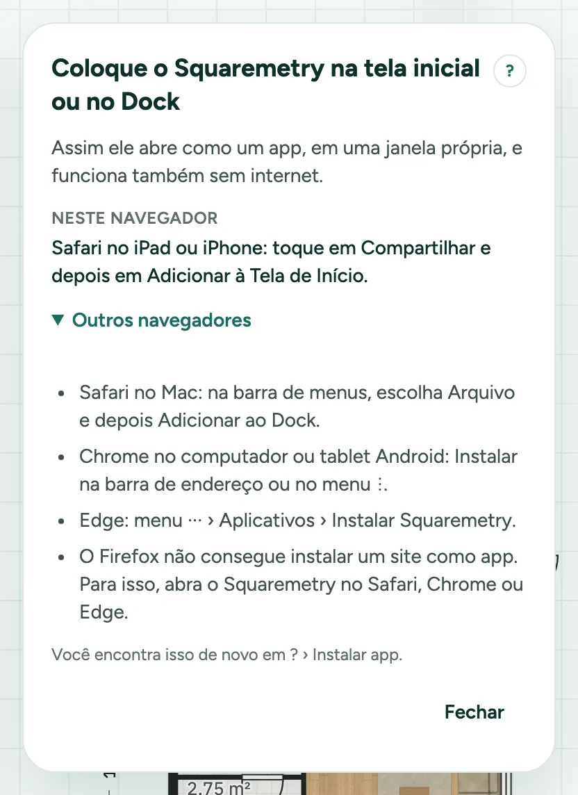 O cartão Coloque o Squaremetry na tela inicial ou no Dock em um iPad, com o passo para o Safari e Outros navegadores.