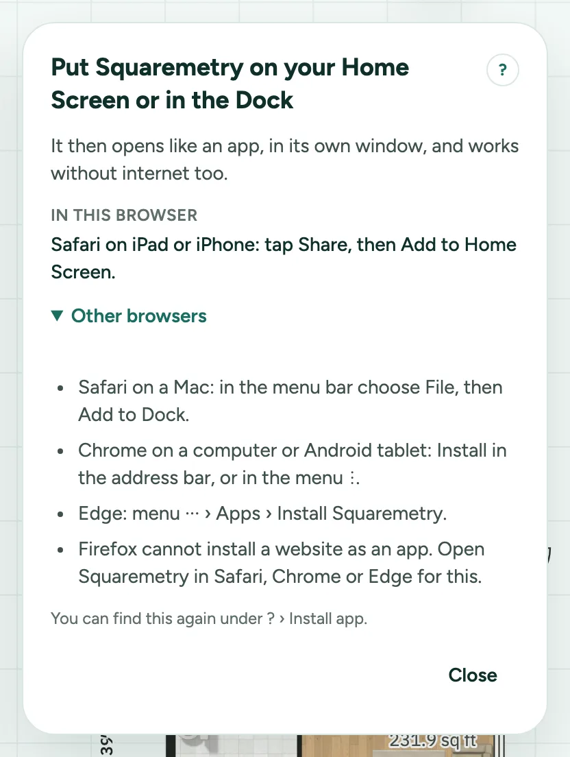The card Put Squaremetry on your Home Screen or in the Dock on an iPad, with the step for Safari and Other browsers.