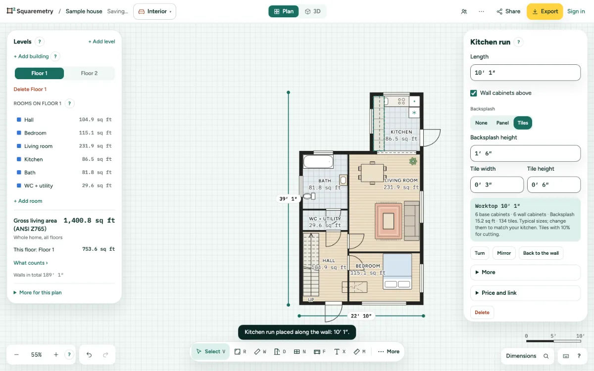 Interior mode with a kitchen run along the kitchen wall and its card: length, wall cabinets, a tiled backsplash and the sum.