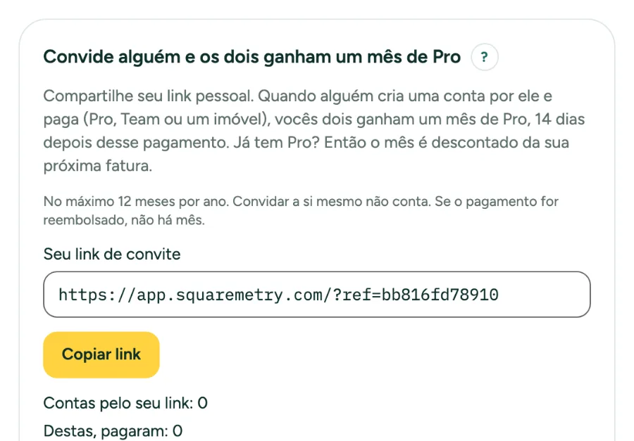 Configurações, Assinatura e cobrança: Convide alguém e os dois ganham um mês de Pro, com o seu link de convite, Copiar link e os números.