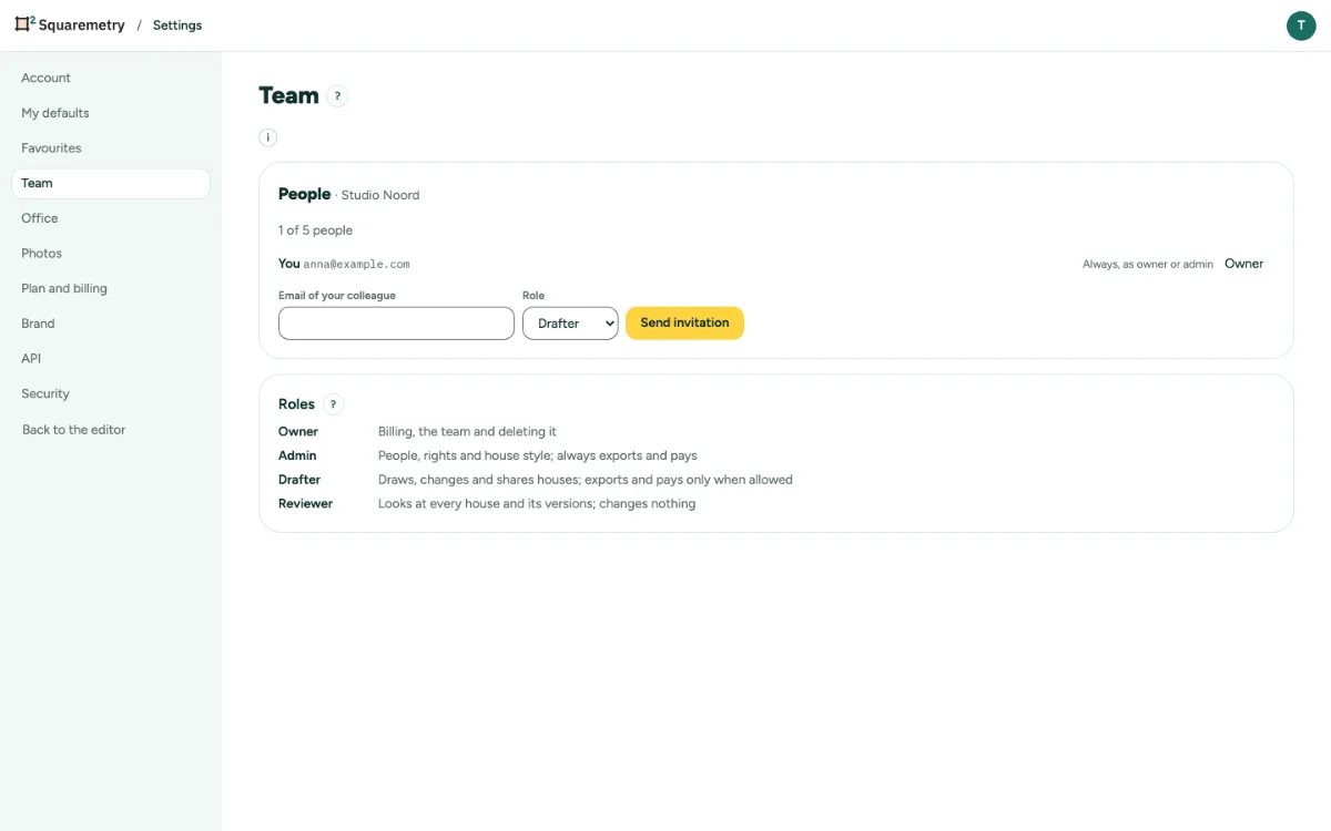 Settings, Team, with the people, the roles and Send invitation.