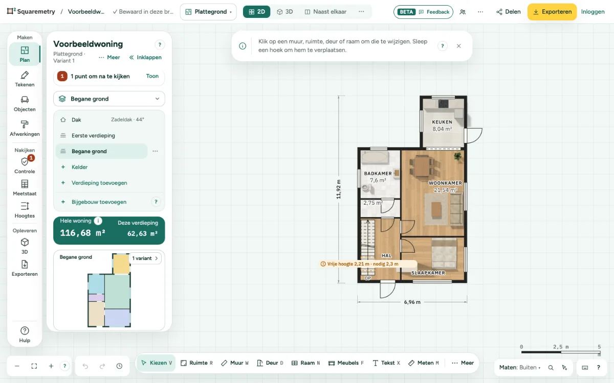 De voorbeeldwoning met twee verdiepingen; het paneel links begint met het gebouw en de verdieping.