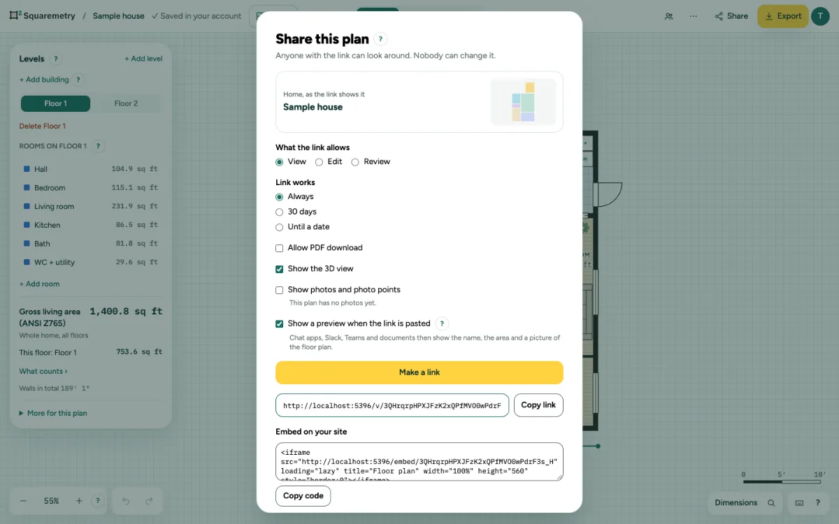 The window Share this plan with Show a preview when the link is pasted checked, under the other choices for the link.