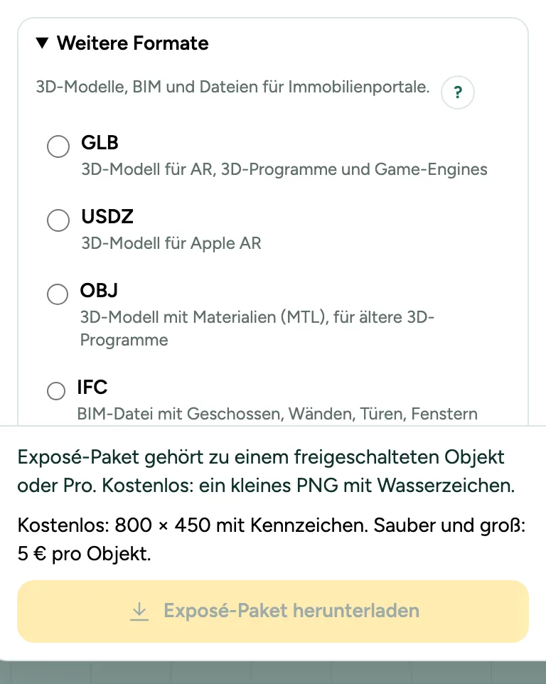 Weitere Formate mit dem Exposé-Paket und der Quelle der Fläche für RESO.