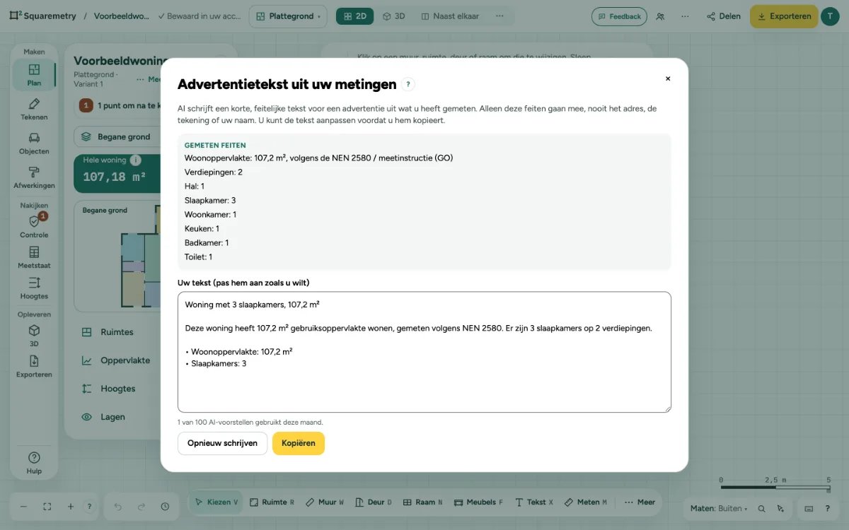 Een advertentietekst uit de gemeten feiten: oppervlakte volgens de norm, slaapkamers en verdiepingen, klaar om aan te passen en te kopiëren.