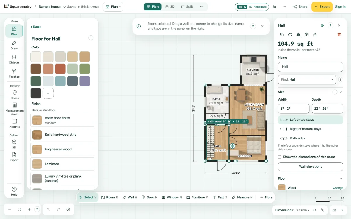 The editor with Quantities and costs: per room the floor, the walls minus doors and windows, the baseboard and the ceiling, for the whole home.