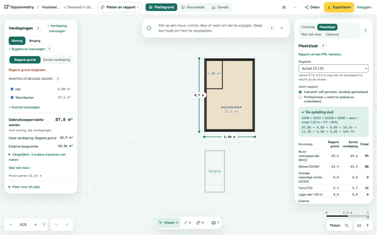 De editor in de modus Meetinstructie met de Voorbeeldwoning: links de ruimtes en de gebruiksoppervlakte, rechts de meetstaat per bouwlaag met de melding De optelling sluit.