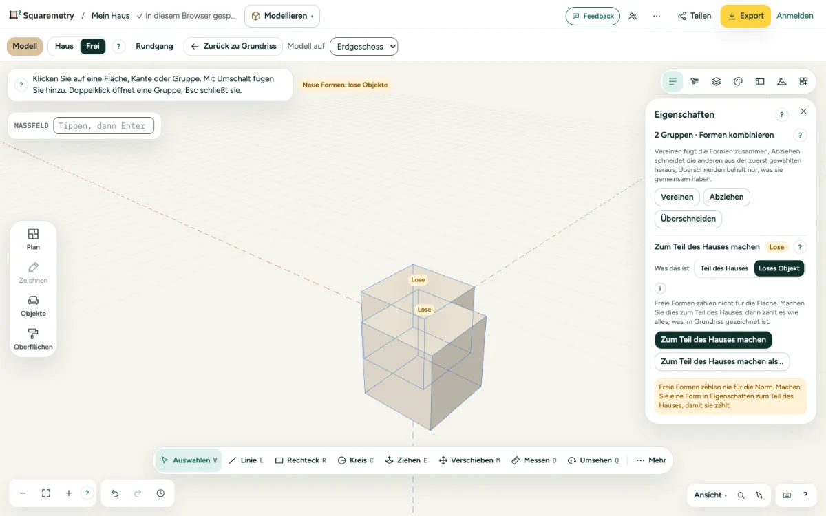 Zwei Blöcke gewählt, mit Join, Subtract und Overlap in Properties.
