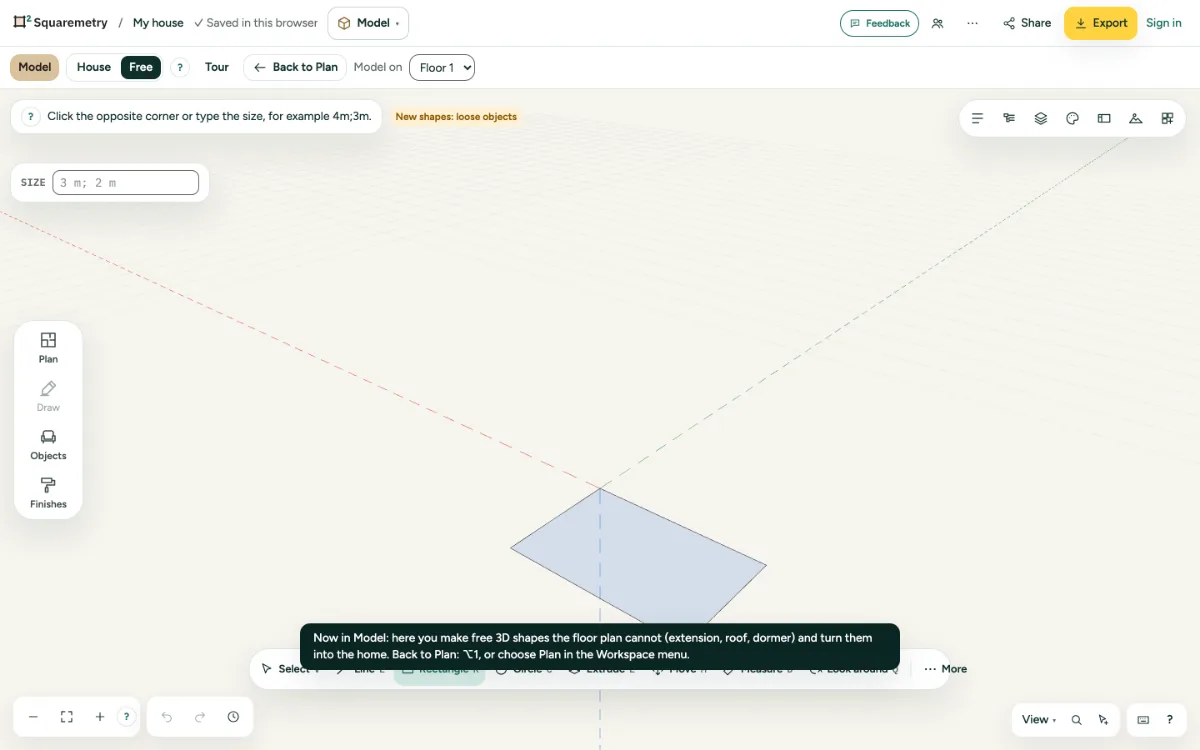 A rectangle being drawn on the ground, its size in the measurement box.