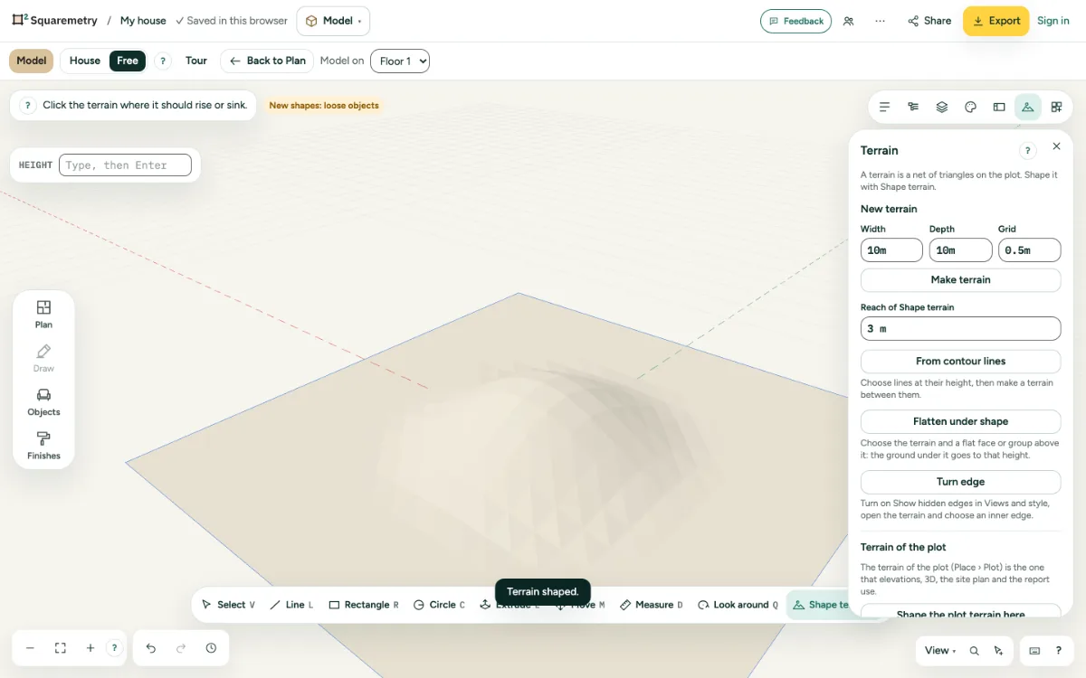 A terrain with a raised middle and the Terrain panel.