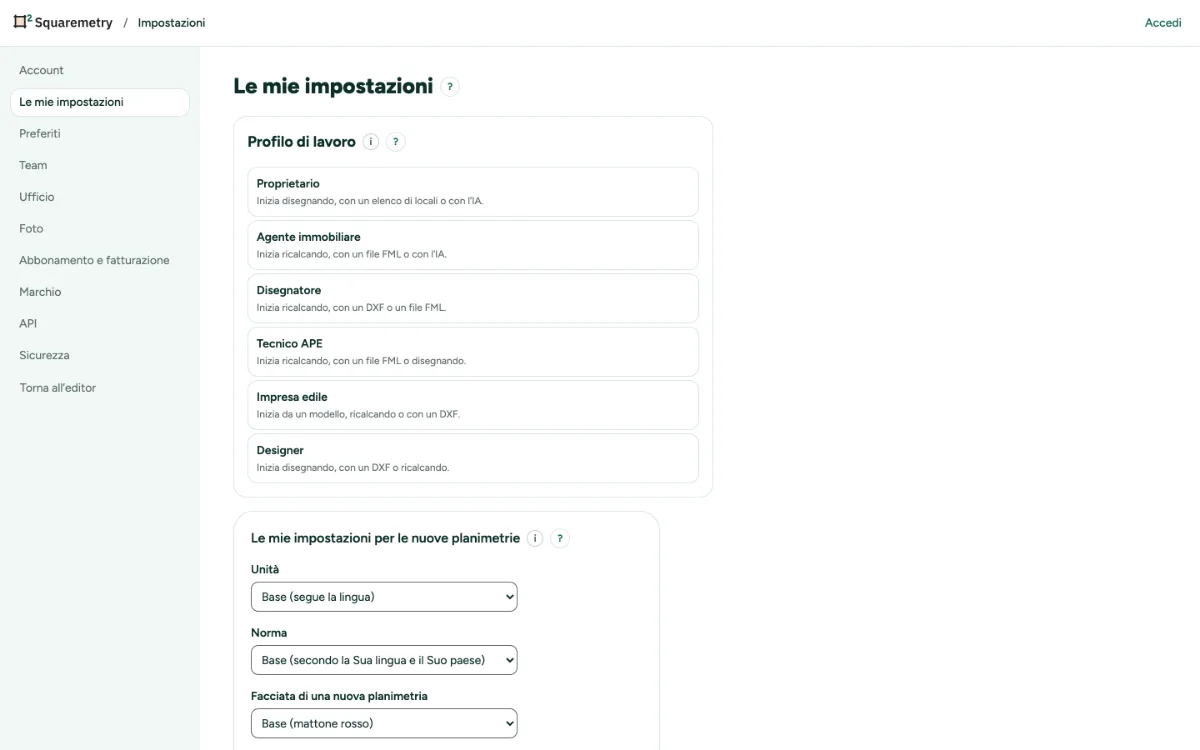 Impostazioni, Le mie impostazioni, con unità, norma, muri, soffitto e carta.