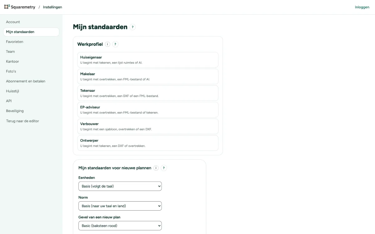 Instellingen met uw standaarden: eenheden, norm, muren, plafond en papier.