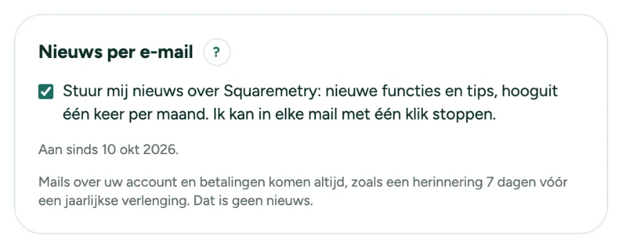 Instellingen, Account, met Nieuws per e-mail: het vakje en wat altijd komt.