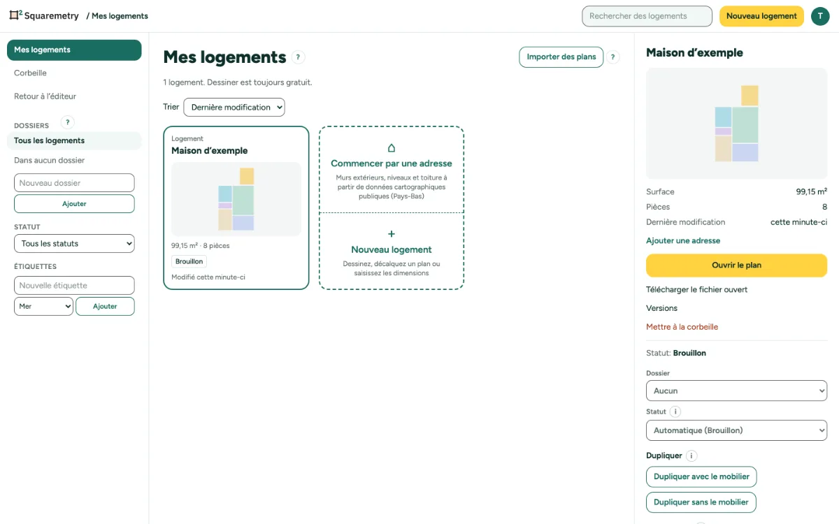 Mes logements avec une maison choisie : détails, dossiers, étiquettes et statut.