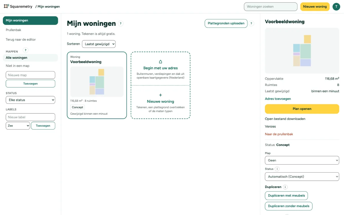 Mijn woningen met een gekozen huis: gegevens, mappen, labels en status.