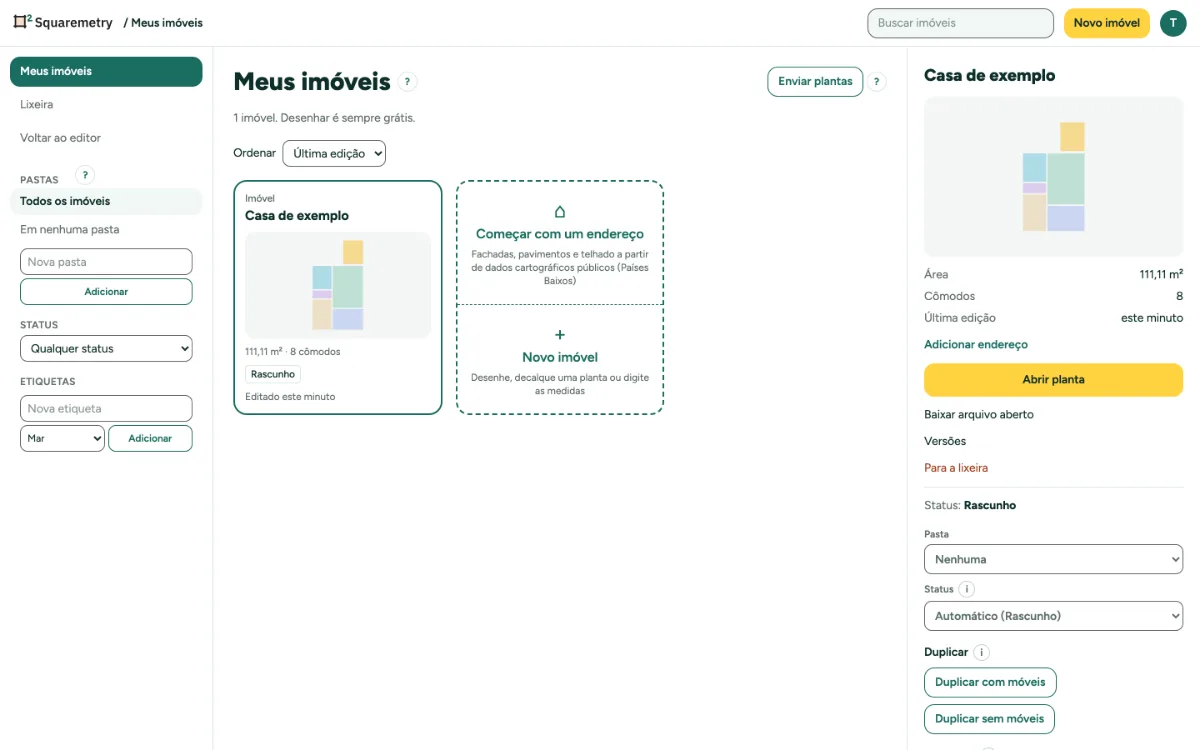 Meus imóveis com uma casa escolhida: detalhes, pastas, etiquetas e status.