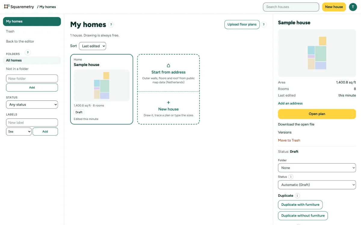 My homes with a house chosen: details, folders, labels and status.