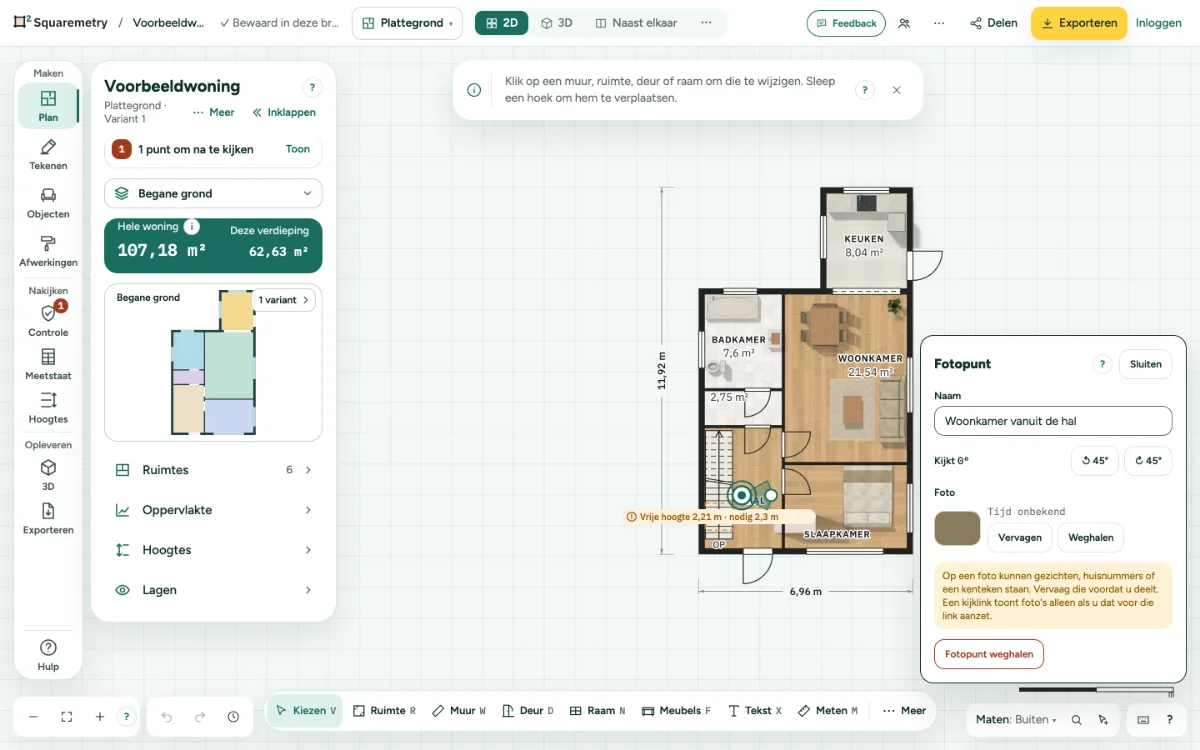 Een fotopunt op het plan met zijn kaart open: de camera, de kijkrichting en een foto.