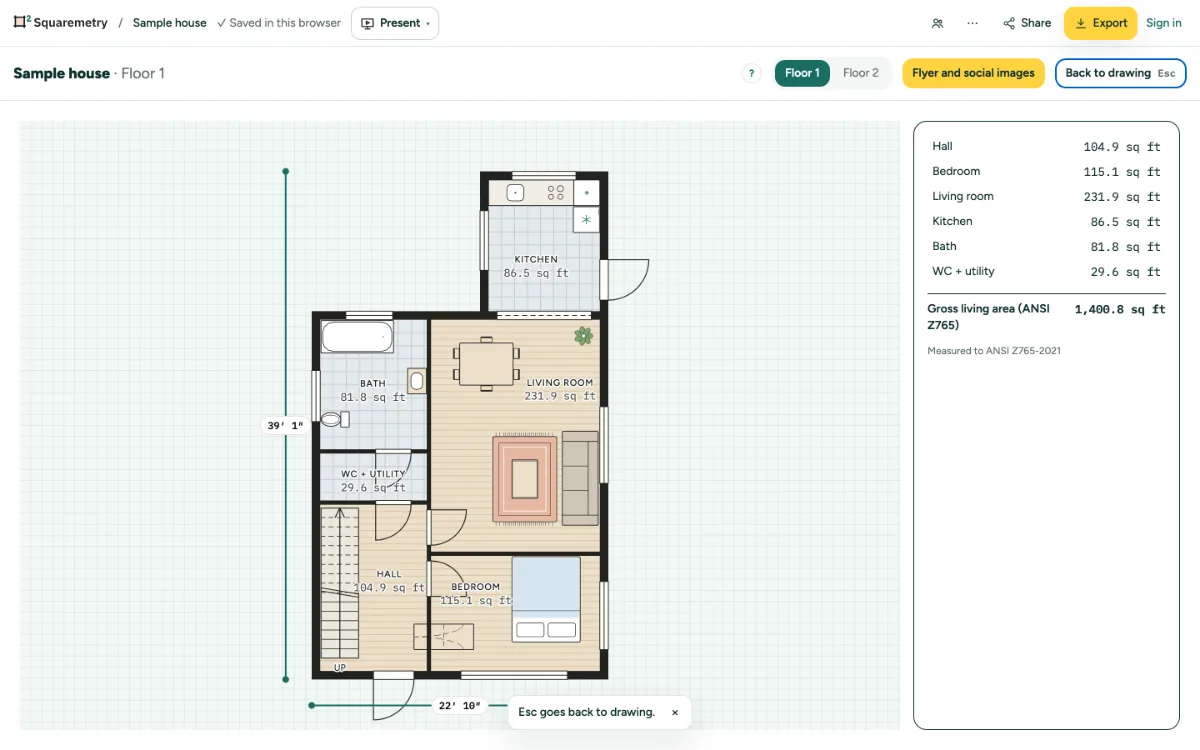 Present: the plan full screen with the rooms and totals, and Back to drawing.