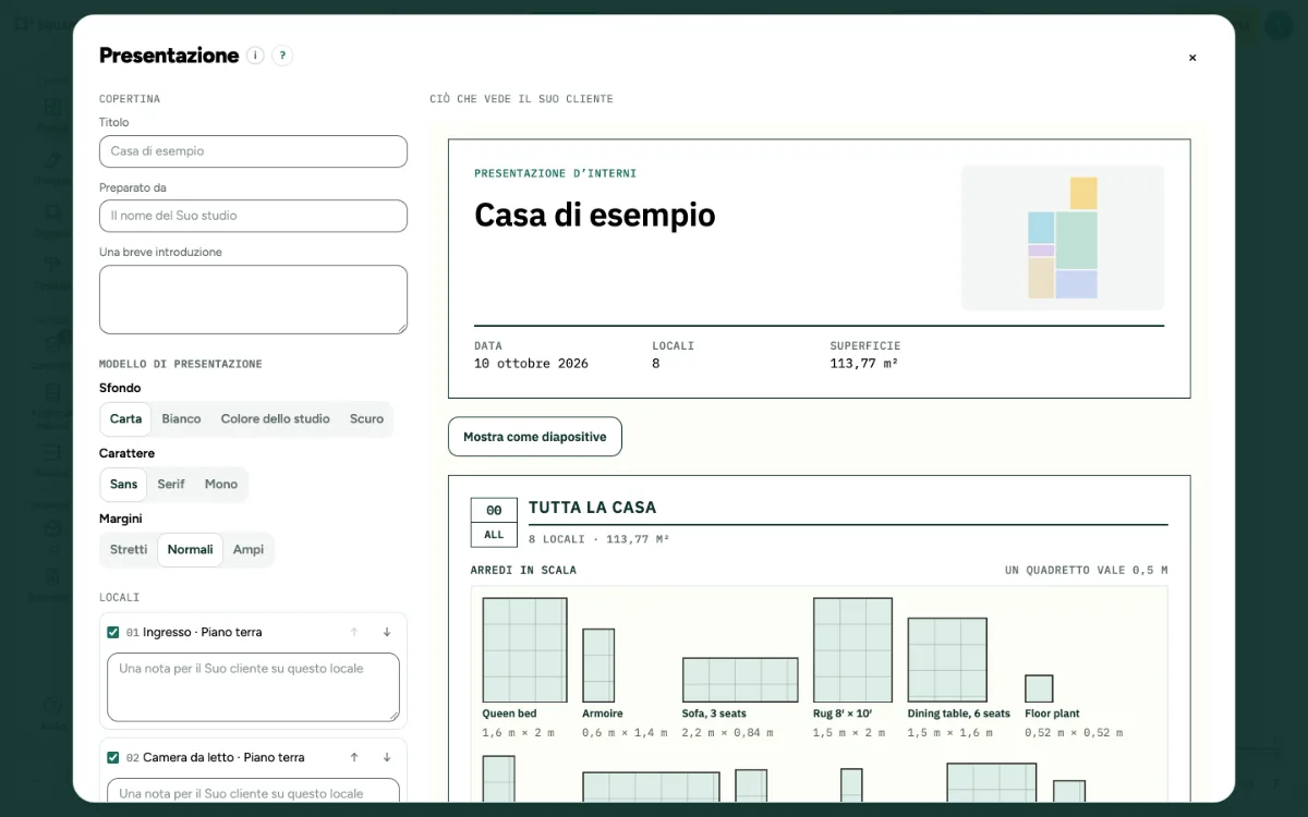 La finestra Presentazione con la copertina, i locali e ciò che vede il Suo cliente.