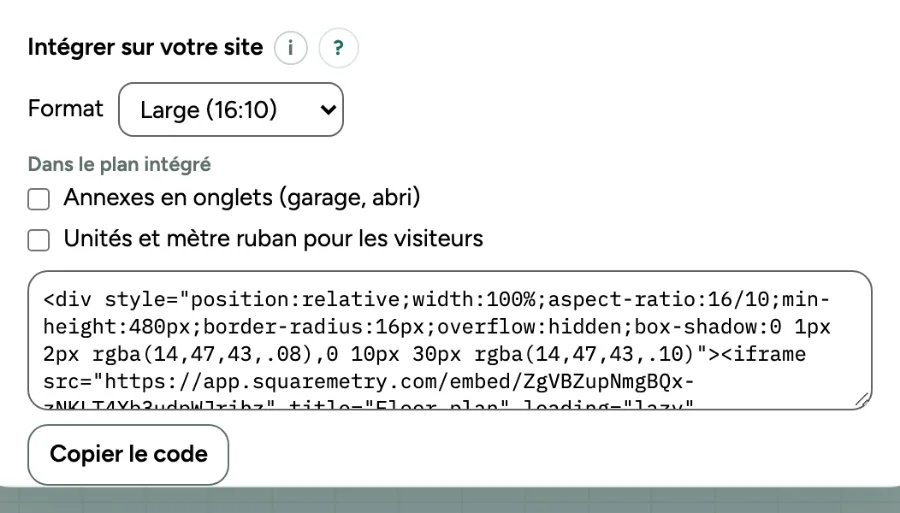 La fenêtre Partager ce plan avec un lien de consultation créé ; Intégrer sur votre site se trouve sous le lien.
