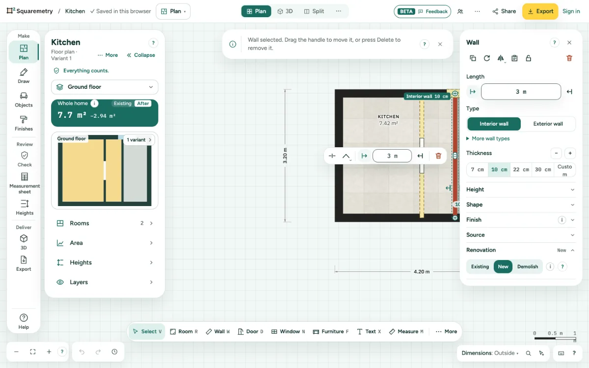 The work sheet of a remodel in the editor: the load-bearing wall between kitchen and living room to demolish, two new walls for a laundry and a new window.