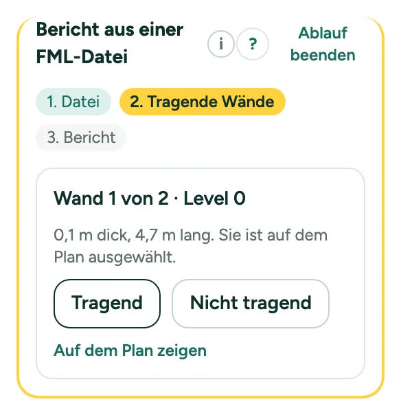 Der Ablauf Bericht aus einer FML-Datei: drei Schritte und eine Wand mit Tragend und Nicht tragend.