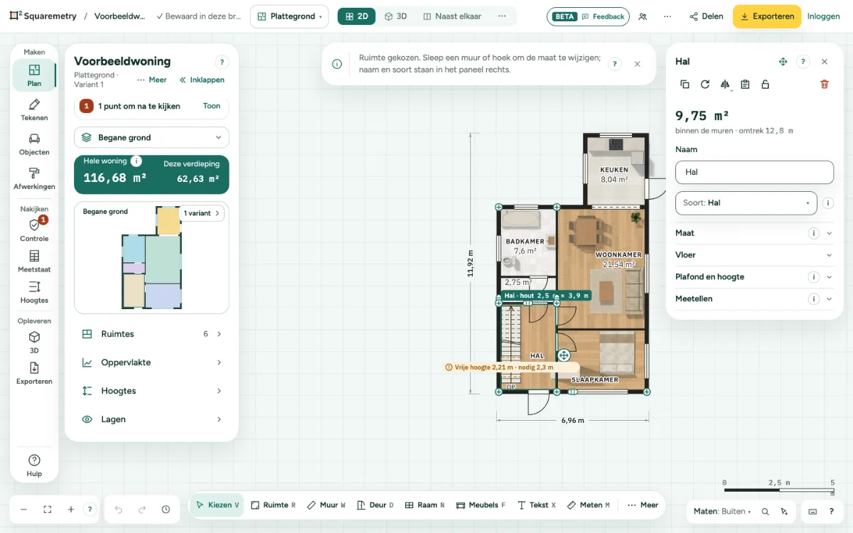 Een gekozen ruimte in de voorbeeldwoning met zijn kaart: naam, soort ruimte en plafondhoogte.
