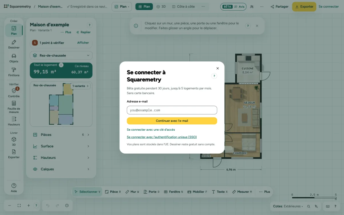La fenêtre Se connecter à Squaremetry avec le champ de l’adresse e-mail.