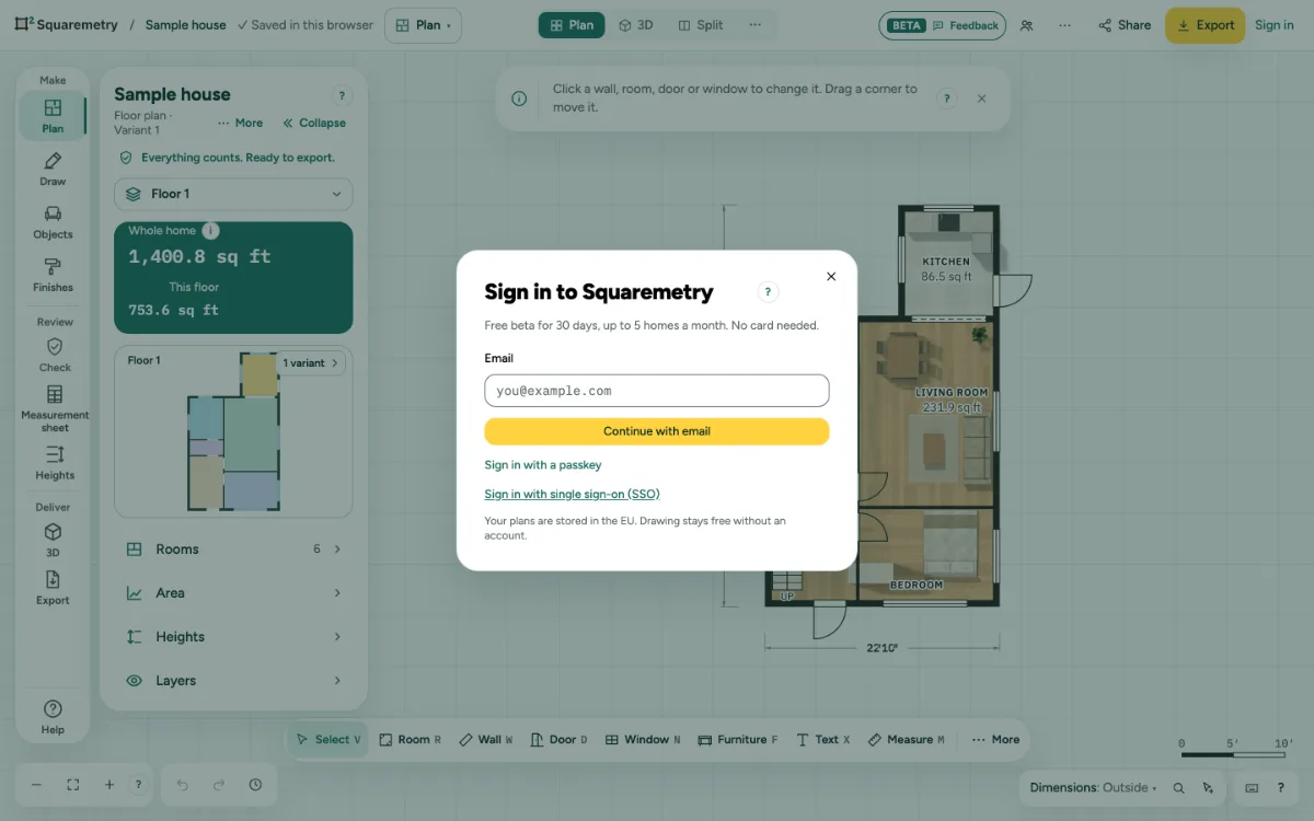 The window Sign in to Squaremetry with the email field.