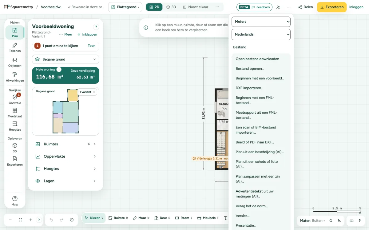 Het menu Bestand open boven de voorbeeldwoning, met Open bestand downloaden en Bestand openen.