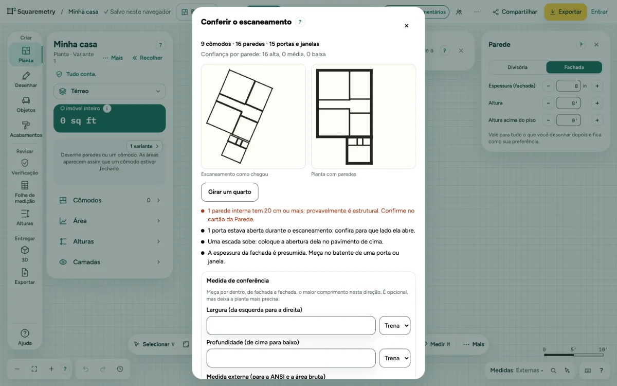 A janela Conferir o escaneamento: o escaneamento como chegou ao lado da planta com paredes, a lista do que conferir e a medida de controle.