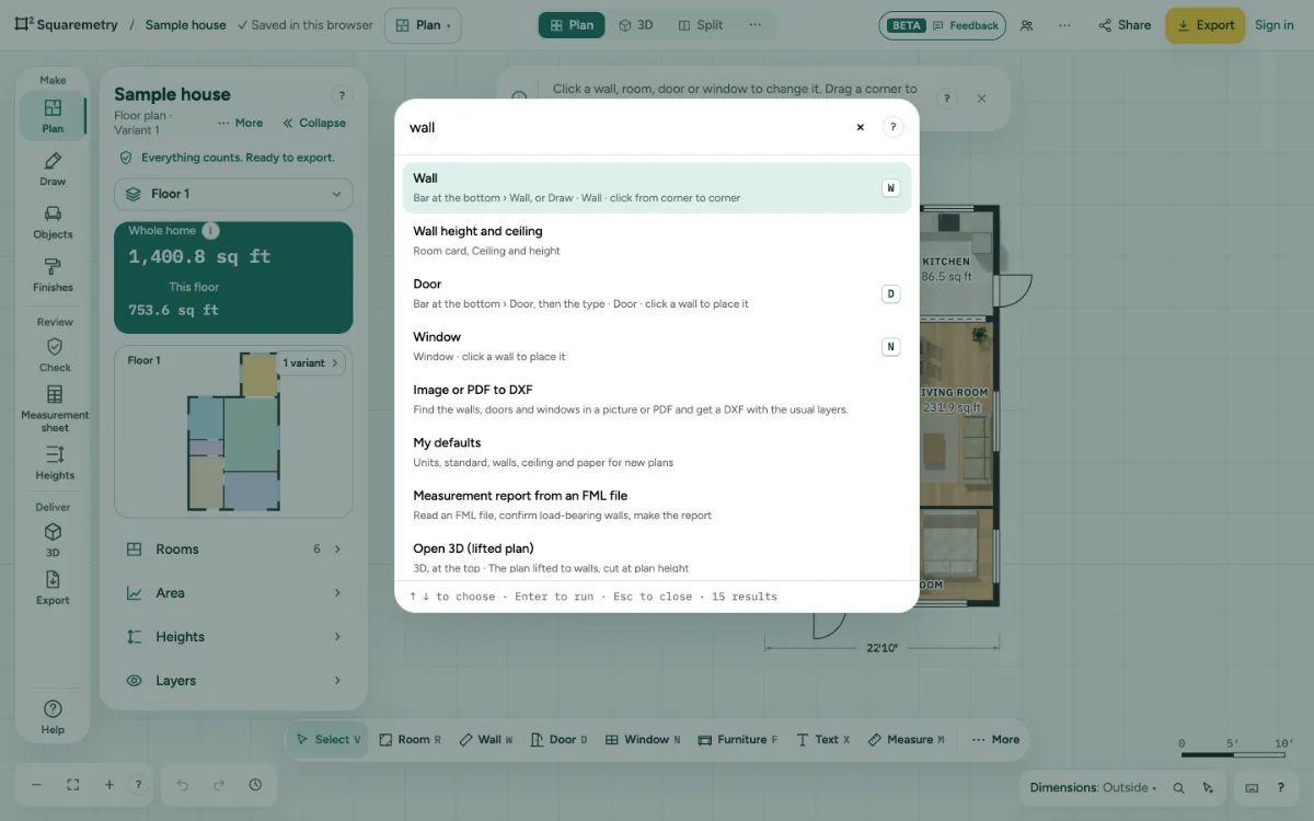 The search window with the word wall typed and matching tools with their keys.