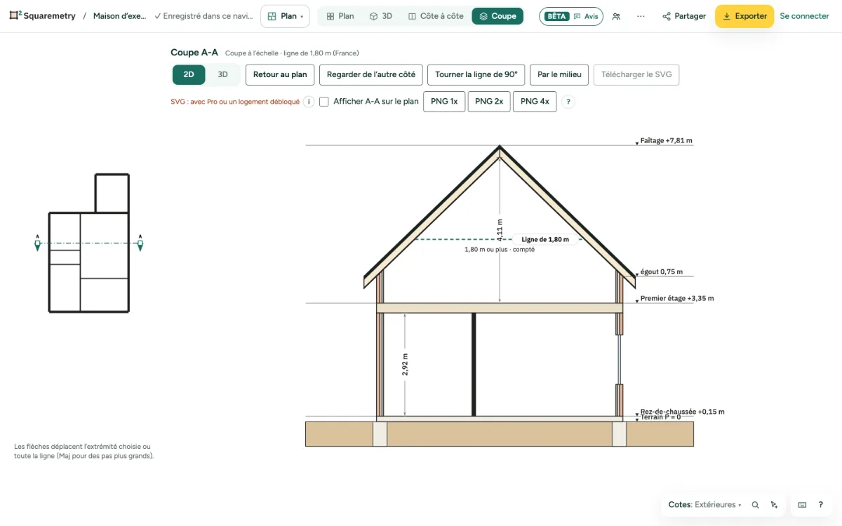 La coupe A-A de la maison d’exemple, à plat et à l’échelle, avec le plan de repérage.